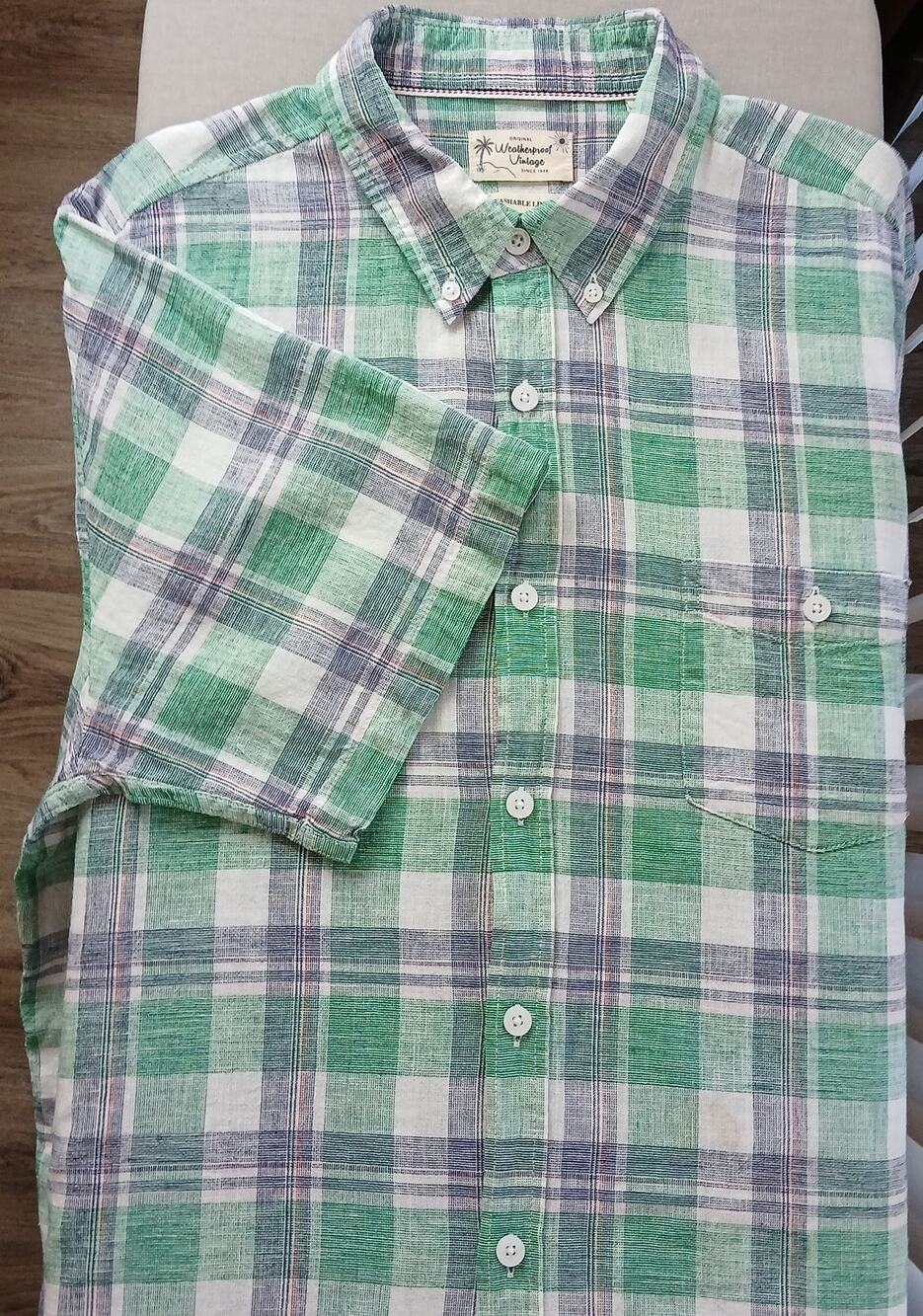 Weatherproof Vintage Washable Linen Shirt Mens XL green blue plaid short sleeve